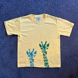 Hand-Screen Printed Yellow Kids Tee with Teal and Green Giraffe Design